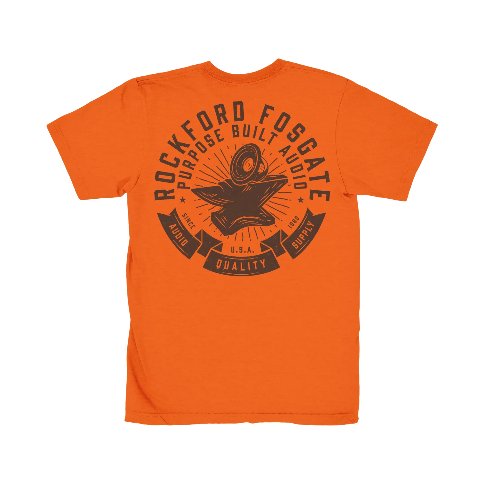 Orange T-Shirt with Brown Anvil and Subwoofer Design (L)