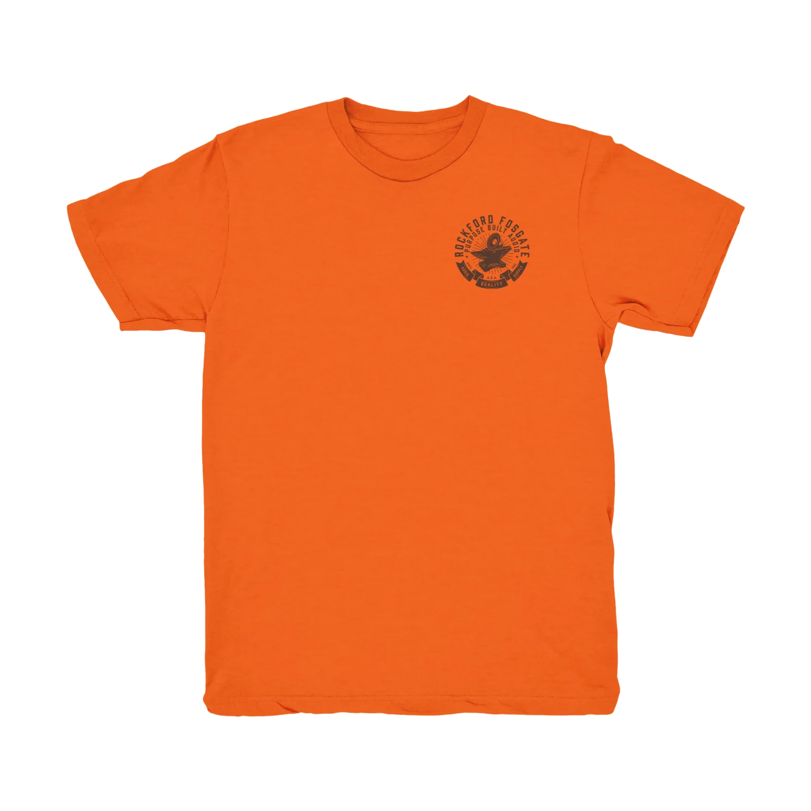 Orange T-Shirt with Brown Anvil and Subwoofer Design (M)