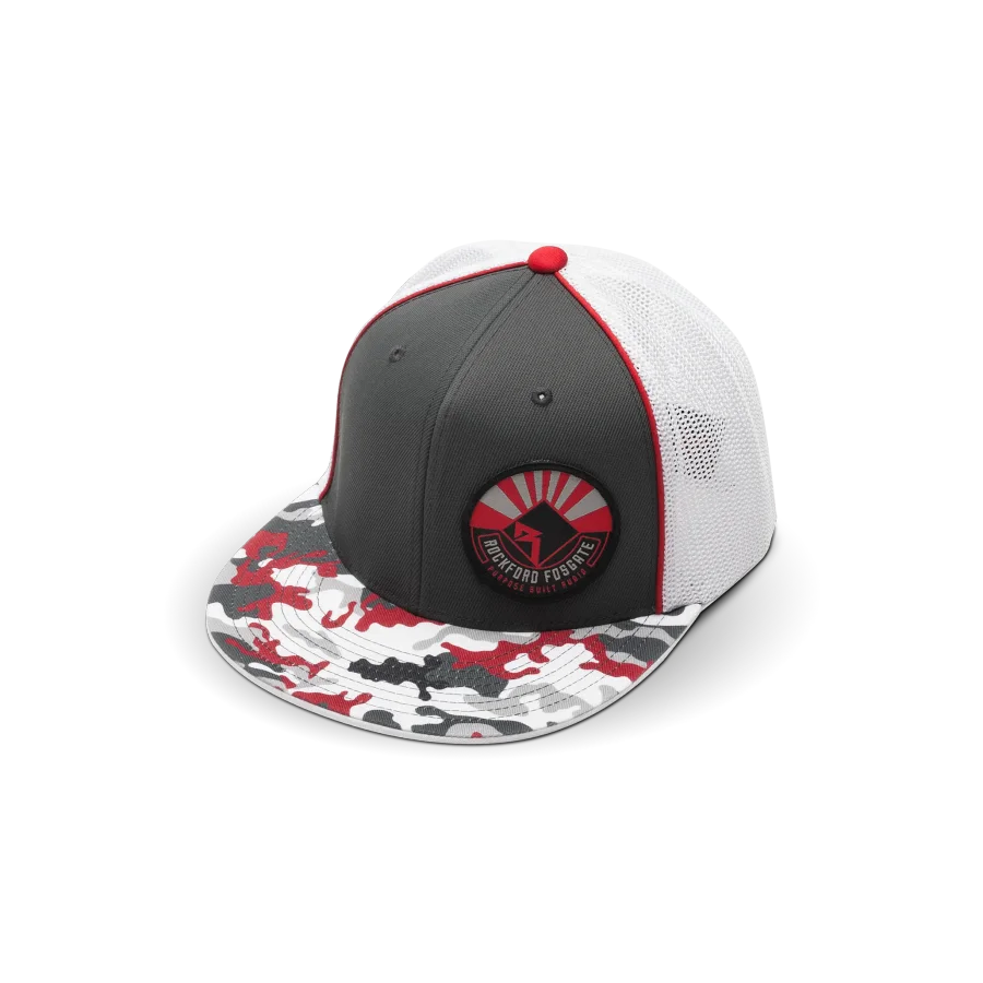 Grey & White Hat w/ Red Camo Bill and RF Patch (L/XL)