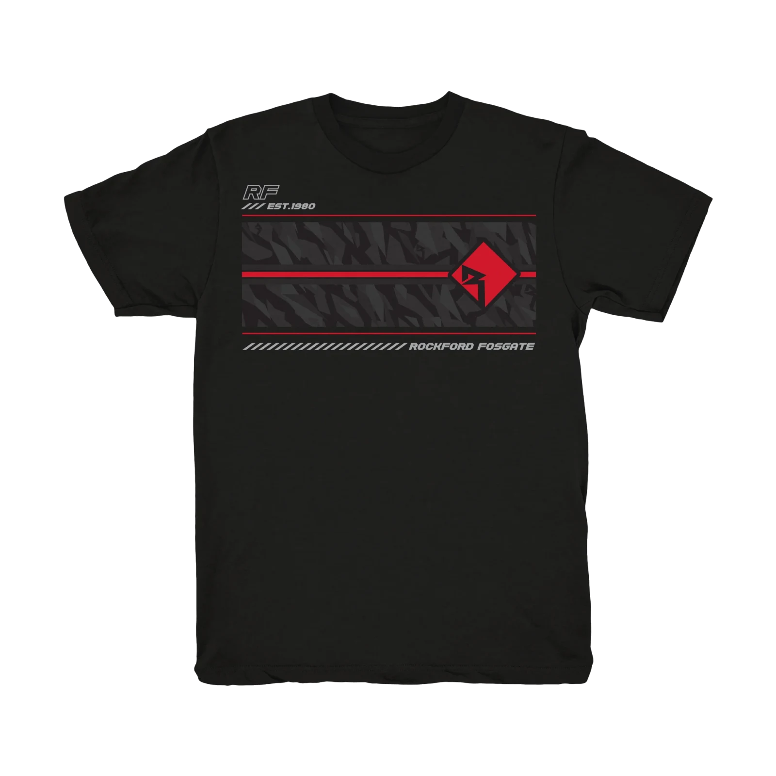Black T-shirt with Red Diamond-R Logo over a Grey Camouflage Pattern (XL)