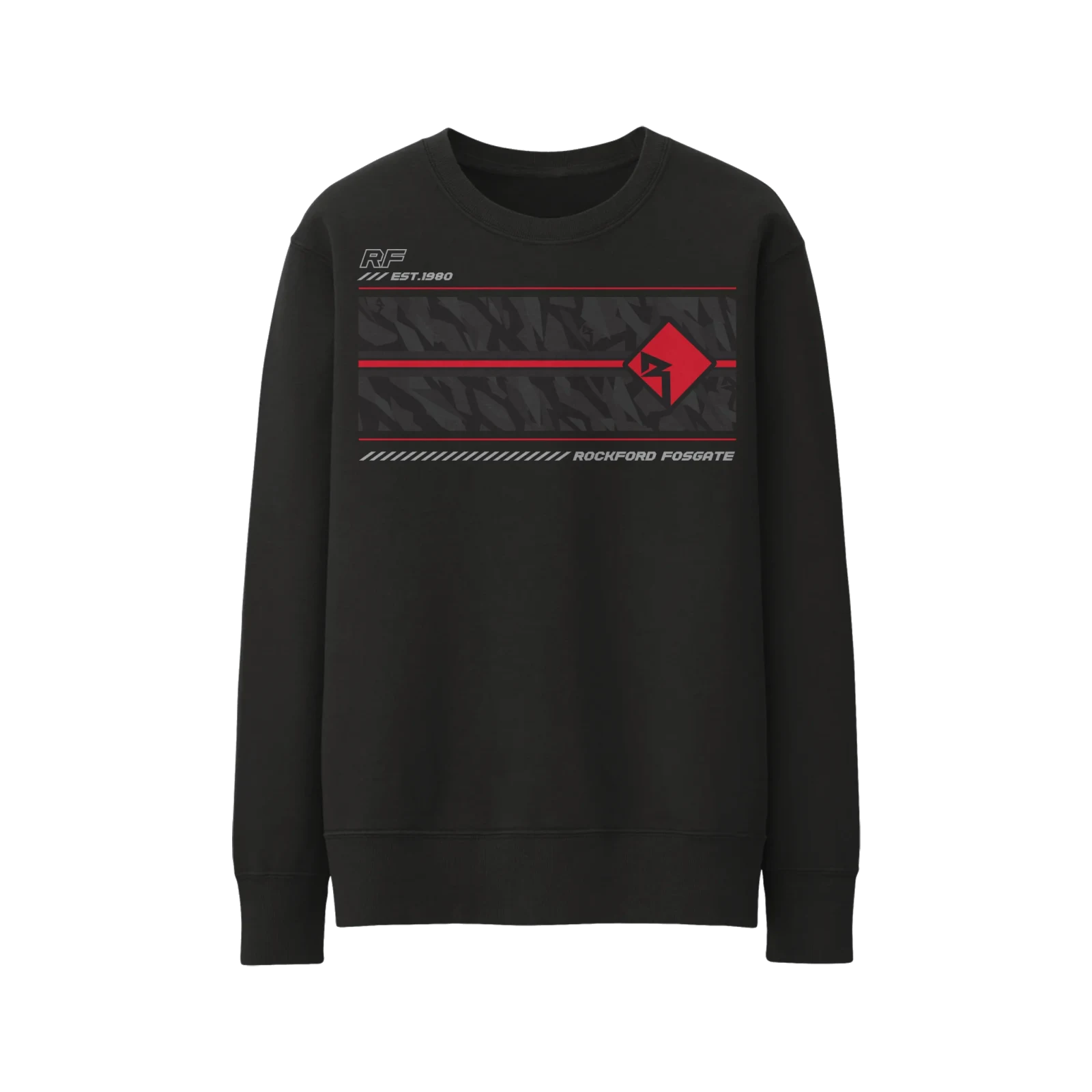Black Sweatshirt with Red Diamond-R Logo over a Grey Camouflage Pattern (L)