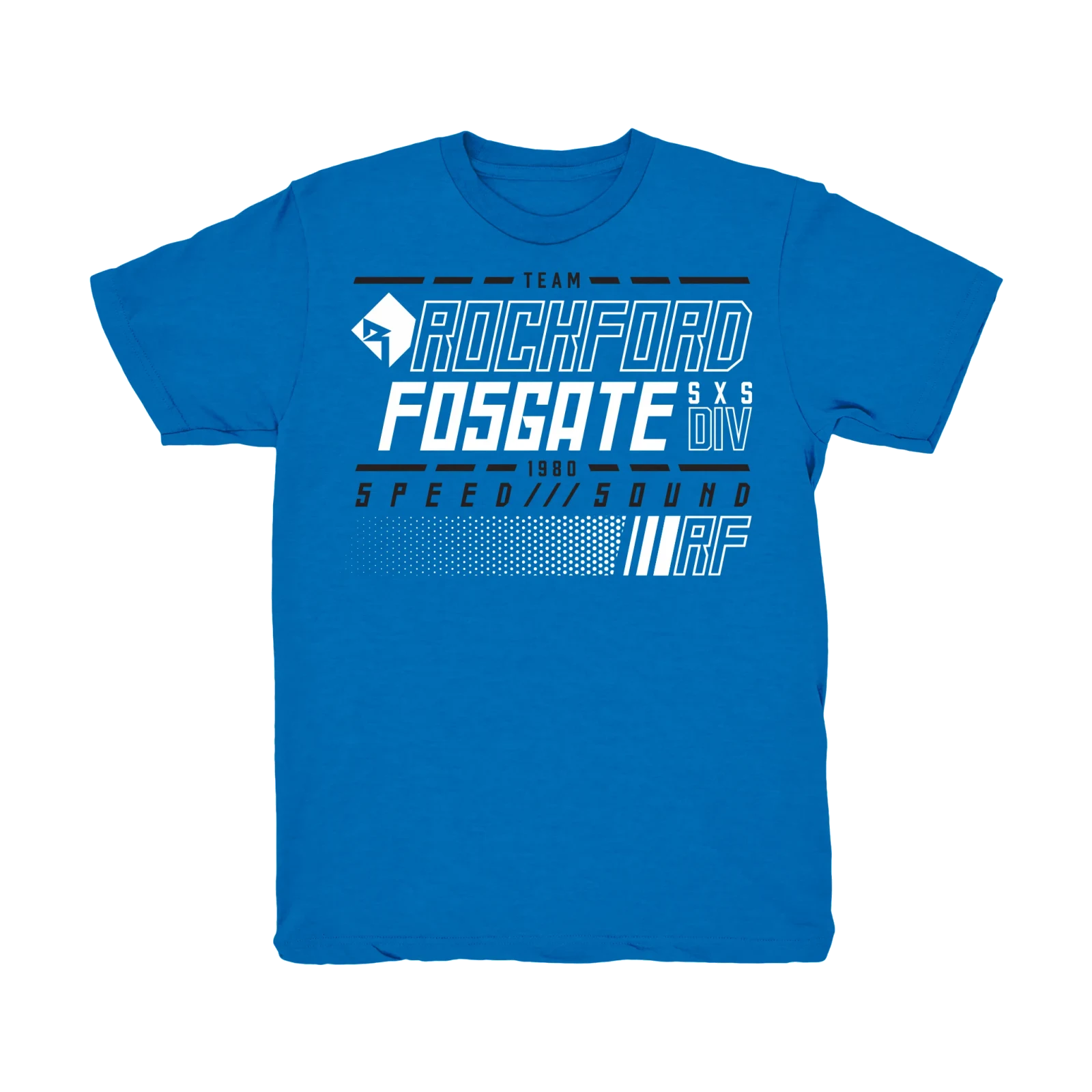 Blue Team Rockford Fosgate Side-X-Side T-shirt with White and Black Colored Lettering (L)