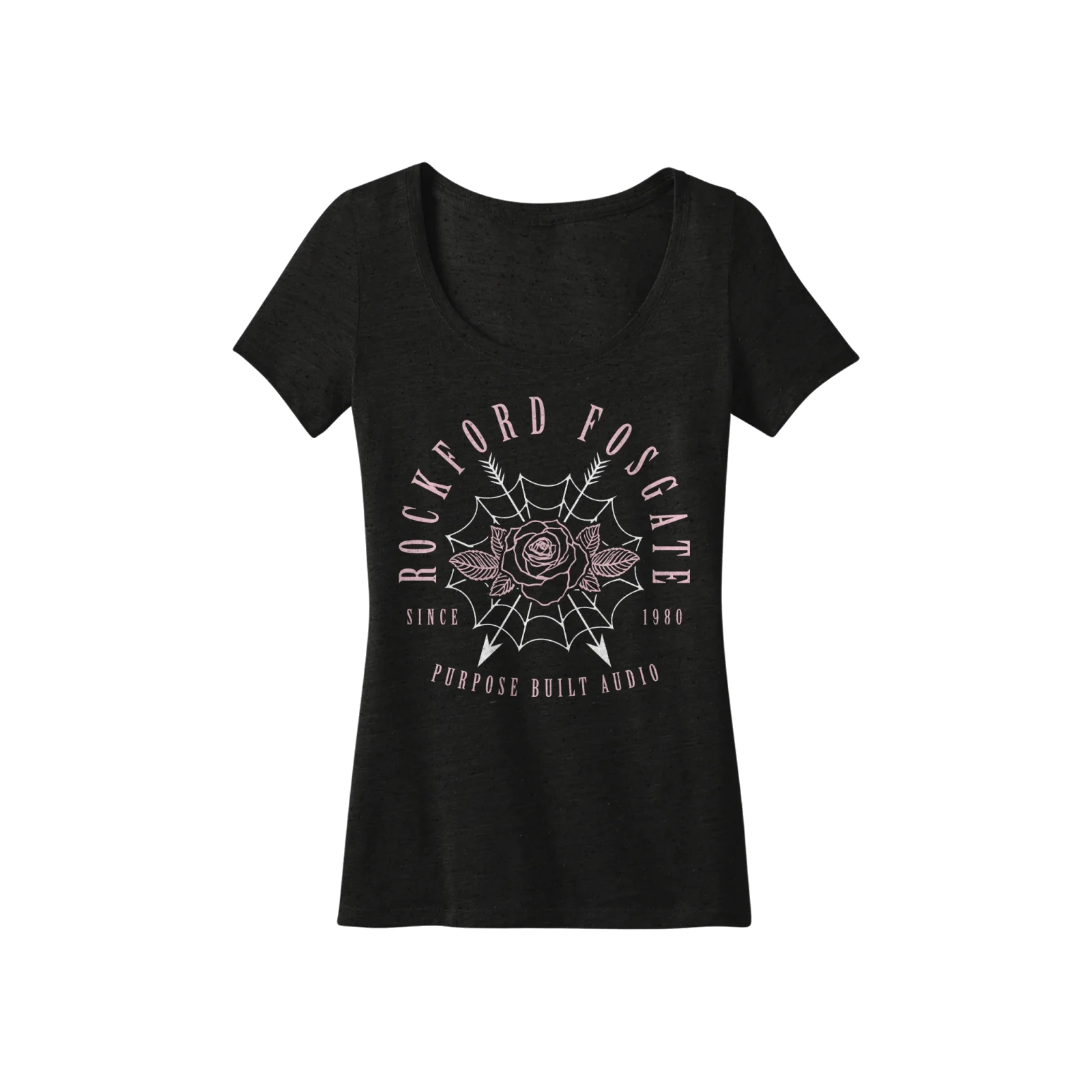 Black Ladies T-shirt with White Web and Pink Rose Design (L)